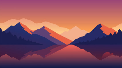 The tranquil water mirrors the majestic mountains during sunset, highlighting the enchanting colors of the sky flat vector illustration