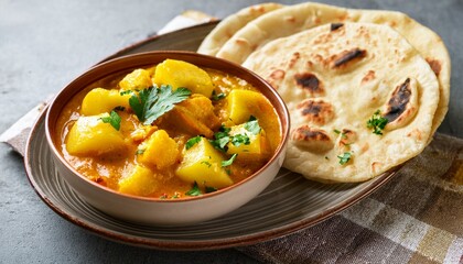 Indian traditional cuisine potato curry or aloo curry served with flatbread
