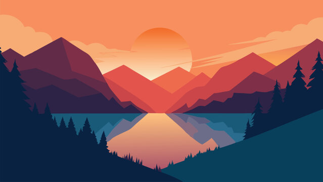 The sun casts a warm glow over a tranquil lake nestled in the mountains, enhancing the natural beauty of the landscape flat vector illustration.