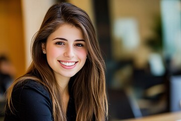 young woman with long, straight hair wearing a black outfit