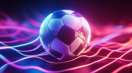 Glowing football with neon lines, abstract 3D design illustration. 