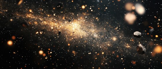 Fototapeta premium Glittering Golden Galaxy with Asteroids - Cosmic Dust and Stellar Formation Abstract, Dark Space Background.