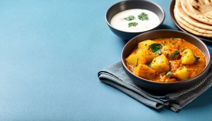 Indian traditional cuisine potato curry or aloo curry served with flatbread on blue background