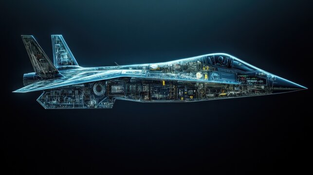 Detailed Internal Schematic of a Modern Fighter Jet, High-Tech Blueprint Design.