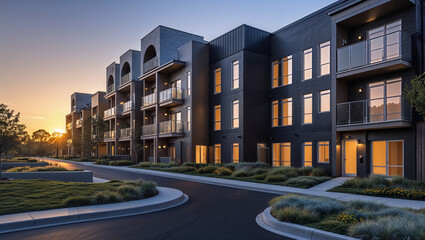 Modern residential buildings at sunset, embracing urban living