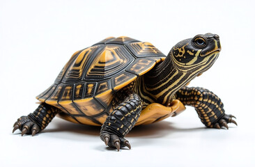 Fototapeta premium Close-up of a turtle with an intricate shell design and textured skin, displayed on a clean white background, symbolizing nature