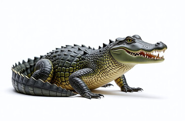 Fototapeta premium Crocodile with open jaws depicted on a plain white background, showcasing detailed scales and sharp teeth. Wildlife concept