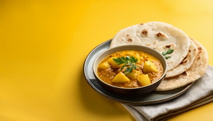 Indian traditional cuisine potato curry or aloo curry served with flatbread on yellow background