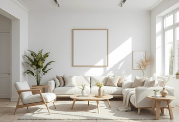 Envision a chic Scandinavian living room with light, airy decor and minimalist design. The walls are painted a soft white, and the furniture includes sleek, modern pieces in neutral tones.