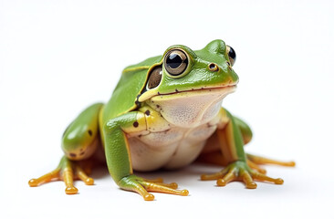 Obraz premium Close-up of a vibrant green frog with intricate details sitting on a clean white background. Concept of nature and wildlife