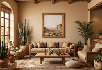 Picture a desert-themed living room with warm, earthy tones and natural textures. The walls are a soft sandy beige, and the furniture includes rustic wooden pieces.