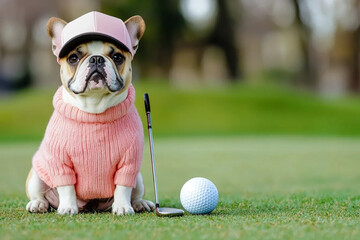 French bulldog wearing golf cap and sweater sits on golf course, next to golf ball and club, exuding playful and charming vibe