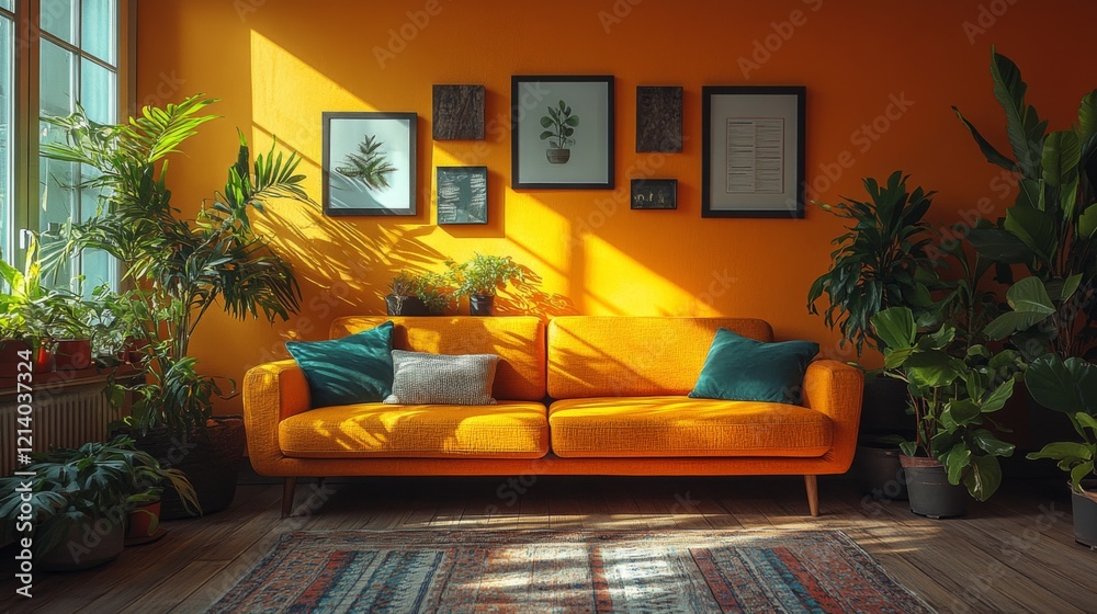 Aufkleber a warm and inviting room features a bright orange couch with blue cushions, surrounded by various ho