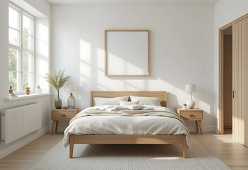 Visualize a Scandinavian-inspired bedroom focused on simplicity and functionality. The walls are a soft, muted white, enhancing the room's airy feel.