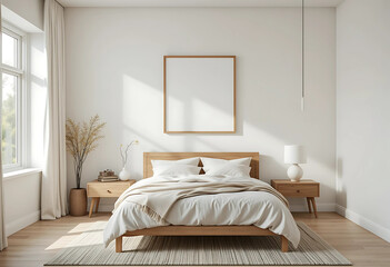 Visualize a Scandinavian-inspired bedroom focused on simplicity and functionality. The walls are a soft, muted white, enhancing the room's airy feel.
