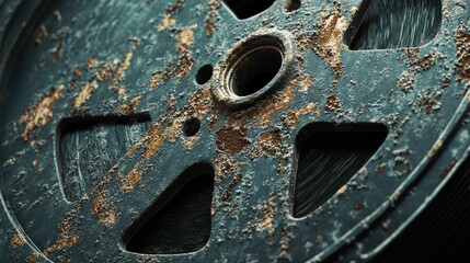 Textured, blue metal wheel with rust, has film.