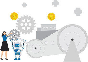 Complete job with AI artificial intelligence, AI prompt engineer or robot assistance, technology helping or support success work, businesswoman repairing gear with the help of an AI robot'