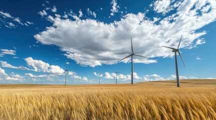 A wind farm with wind turbines spinning in the distance, representing renewable energy and sustainability