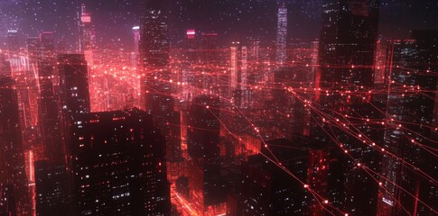 Fototapeta premium A 3D rendering of the skyline with a network connection in the foreground. digital grid and cityscape background