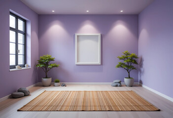 Fototapeta premium Find tranquility in a modern Zen yoga room designed for peace and relaxation. The walls are a soothing lavender, which promotes calmness and serenity. 
