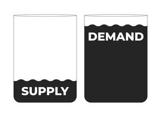 Supply and demand water tanks black and white 2D line object. Resource balance. Different water levels. Sustainable management isolated clip art vector outline item. Monochromatic spot illustration