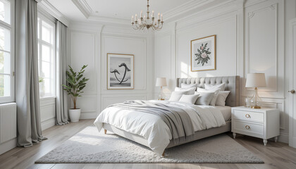 Fototapeta premium interior of a bedroom. Cozy modern bedroom interior in white and gray with copy space