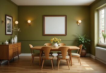 Experience the timeless charm of a mid-century modern dining room filled with classic design elements. The room features rich olive green walls.