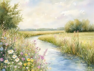 Serene Watercolor Landscape Painting of a Flowing Stream Surrounded by Wildflowers and Meadows