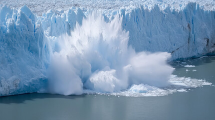 Massive iceberg collapses into ocean creating splash of icy water and displaying natures power and majestic landscape