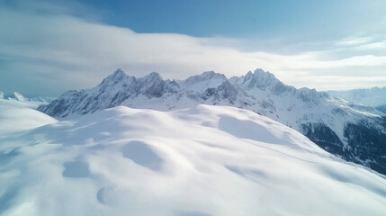 Massive snowy mountain range under cloudy sky, vast and serene view of landscape, wintry scene, with deep blue and white tone