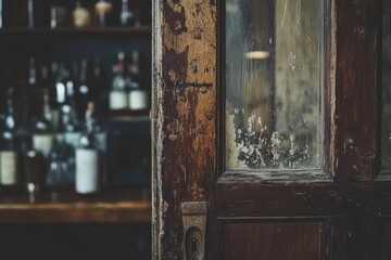 Old wooden door shows blurred bottles behind.