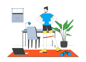 Home office workout session with resistance band cartoon flat illustration. Online fitness. Wfh man doing exercise with laptop 2D character isolated on white background. Vector colorful image