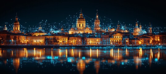 Obraz premium Illustrated Connections over a European City Skyline Reflected at Night along River,. Kyiv, Ukraine