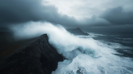 Obraz premium Massive ocean waves crash against rugged cliffs under stormy sky, creating powerful scene with dramatic energy