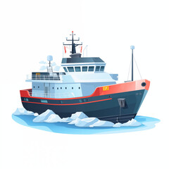 Icebreaker, white, red and black, in the sea or ocean with ice, icon, angle view, color sketch, picture, image for printing on a T-shirt, background, without people