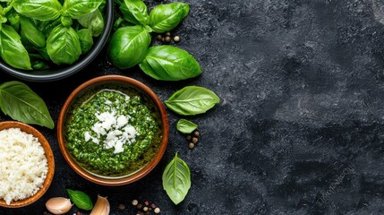 Obraz premium Fresh green pesto sauce in a wooden bowl surrounded by basil leaves, garlic, and parmesan cheese on a dark stone background.