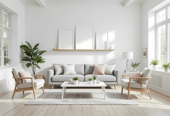 Step into a serene Scandinavian-inspired living room designed with minimalism in mind. The space is dominated by white walls and light wooden flooring. 