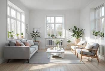 Fototapeta premium Step into a serene Scandinavian-inspired living room designed with minimalism in mind. The space is dominated by white walls and light wooden flooring.