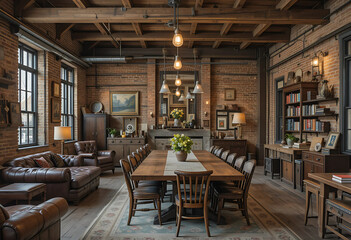 Fototapeta premium This vintage industrial loft combines raw elements with eclectic decor. Exposed brick walls and wooden beams give the space an authentic loft feel. 