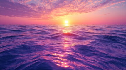 Obraz premium Fiery Sunrise over Tranquil Ocean Waves with Vibrant Purple Hues.