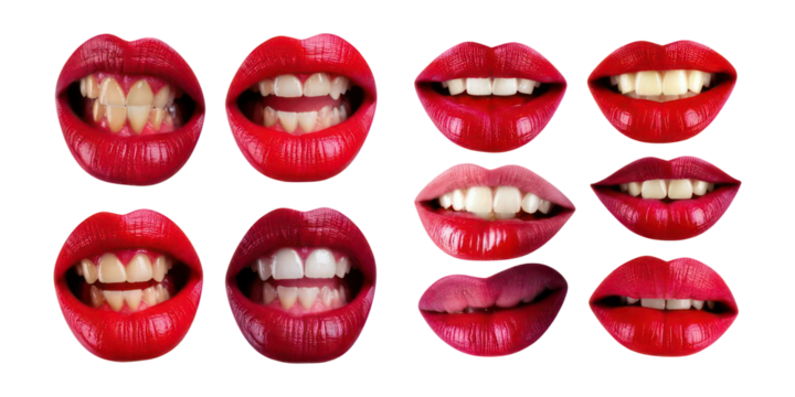 Bright Lips in Various Expressions and Colors,PNG set collection, isolated on transparent background