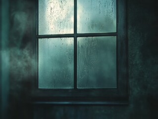 Moody Rain Window View with Dark Fog and Condensation on Glass.