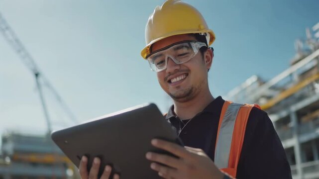 Smiling construction worker using tablet on site with hard hat and safety glasses, surrounded by cranes and building structures, showcasing technology in busy environment.