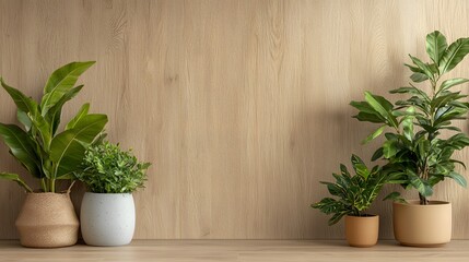 Cozy and Peaceful Indoor Plant Display with Ceramic Pots and Wooden Background  Minimal and nature inspired home decor with lush green foliage earthy tones and a serene calming atmosphere
