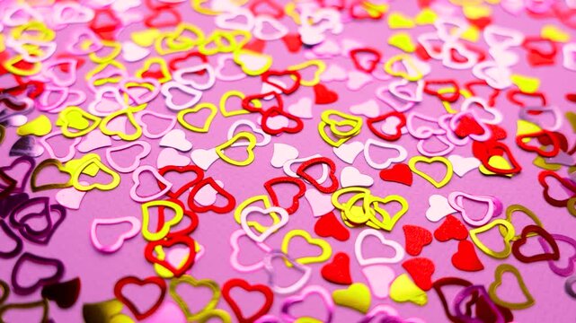 Love background. Hearts confetti on pink background for Valentines Day. Love concept. Glitter confetty heatrs golden, red and pink footage
