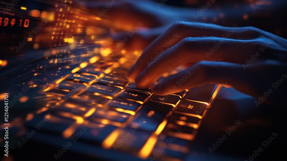 Poster night coder typing glowing keyboard, data stream background, software development