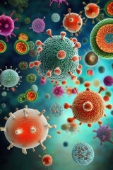 Colorful microscopic view of diverse viruses and bacteria in action.