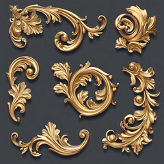 ornate golden baroque style decorative elements with intricate swirls and flourishes on dark background