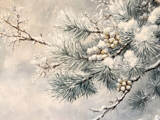 Winter Pine Branches with Snow and Cones, Hand-Painted Textured Acrylic Background.