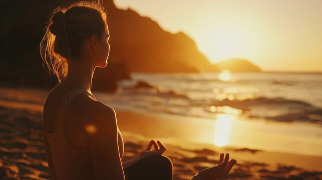 A woman practicing yoga on a beach at sunset, focusing on deep breathing for stress release.